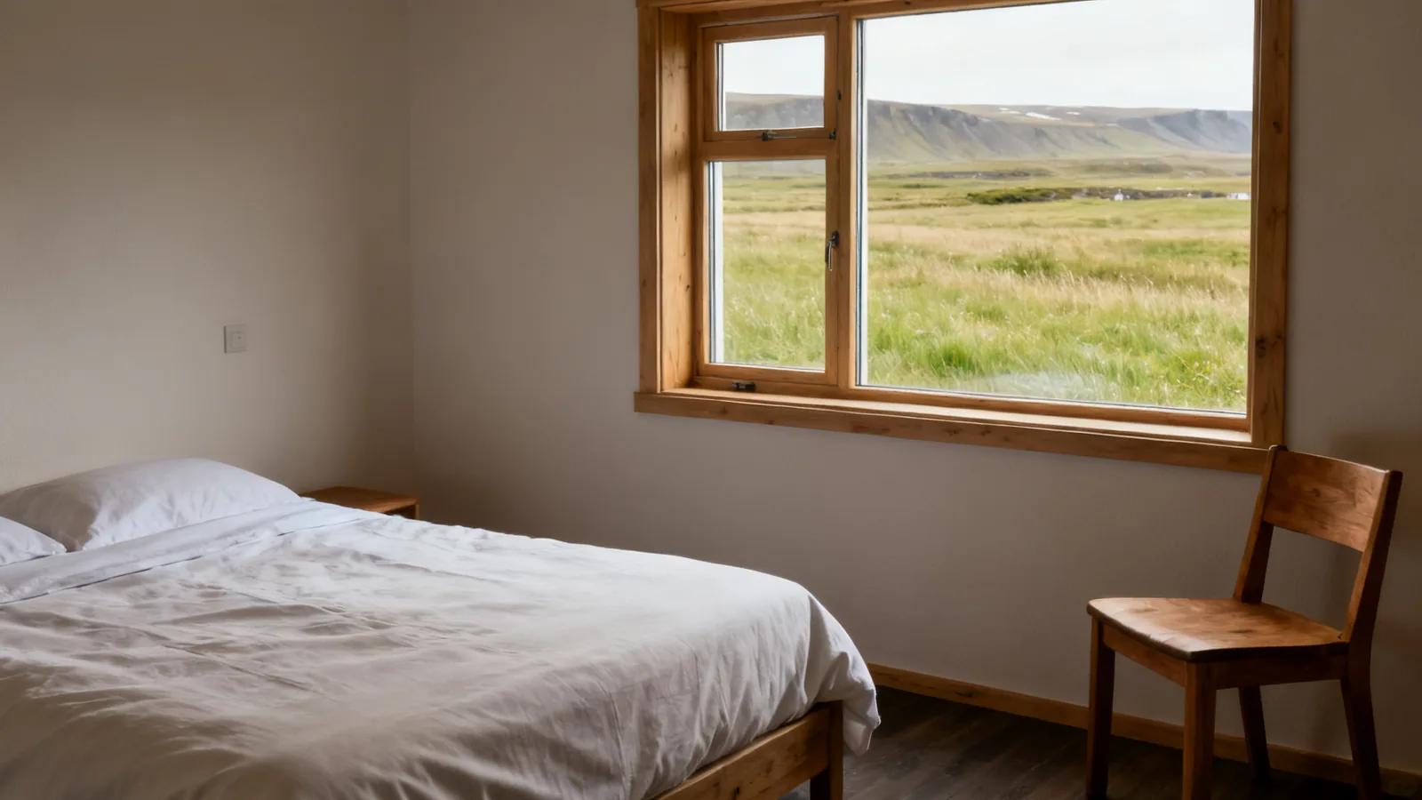 Generic rural guest room with a plain bed and a countryside window