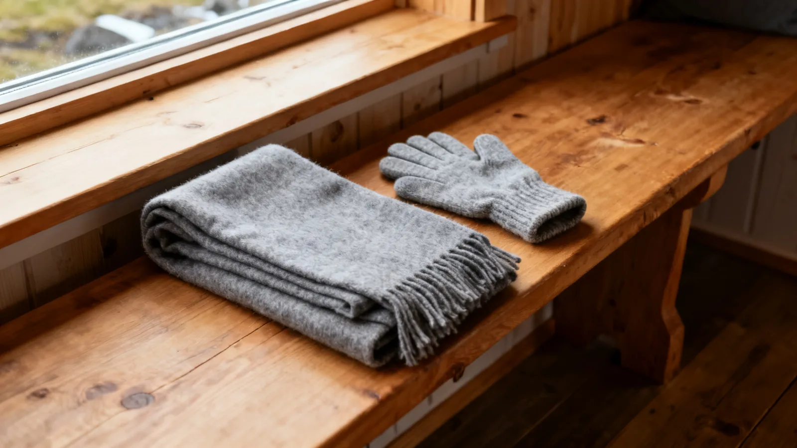 Plain wool scarf and mittens on a wooden bench