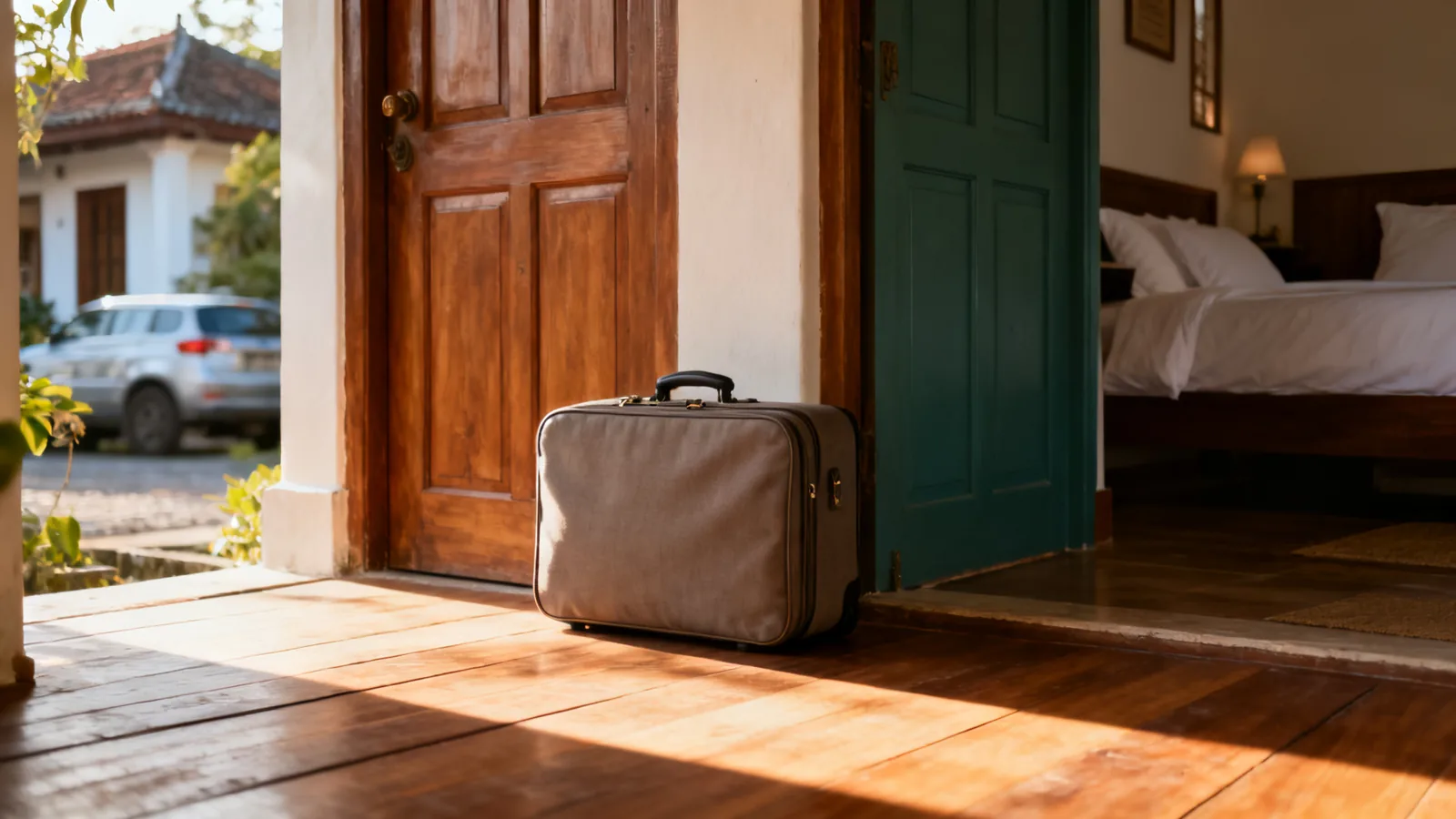 Plain closed travel bag beside a guesthouse door in soft daylight