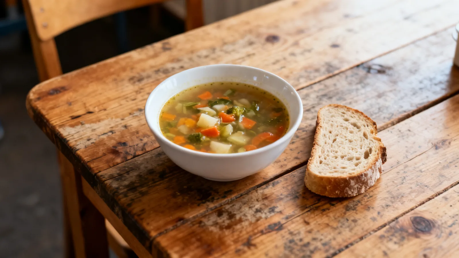 Generic bowl of soup and bread on a wooden table