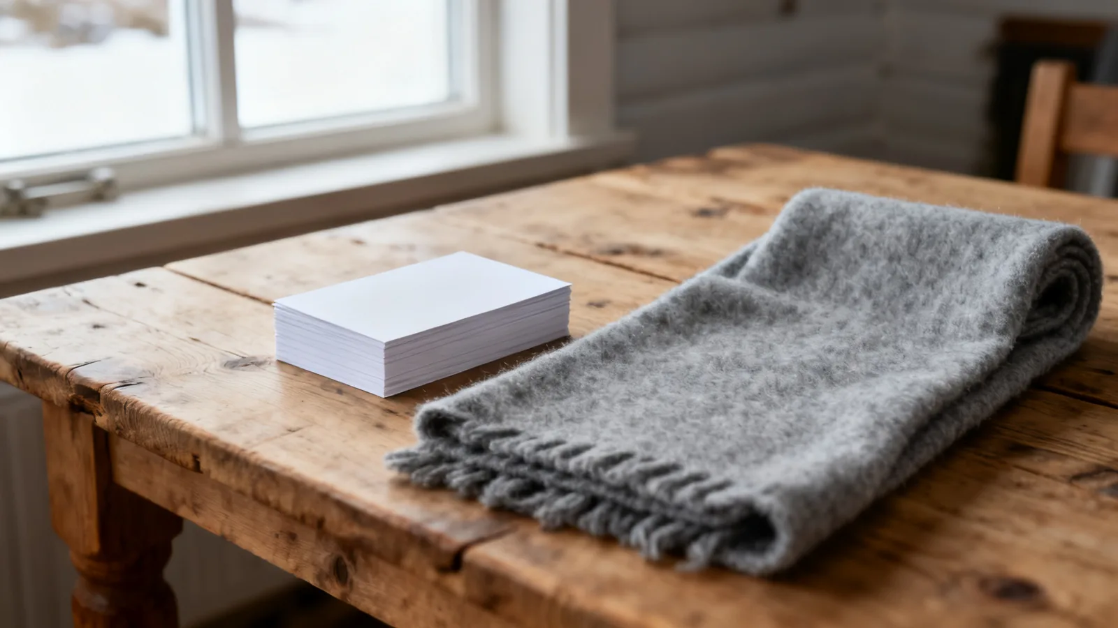 Blank white cards and a plain scarf on a wooden table