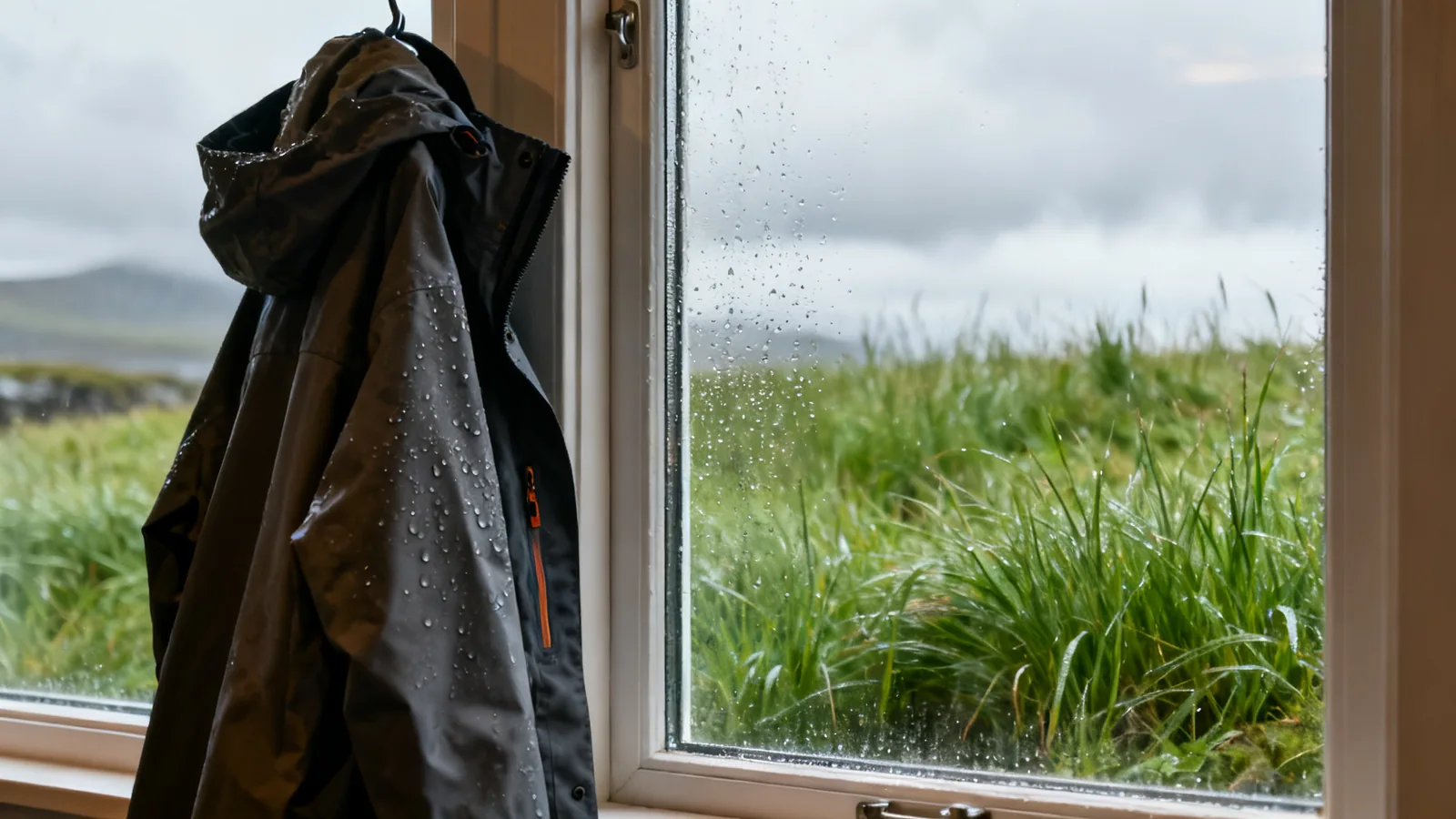 Plain rain jacket beside a rain-covered guesthouse window